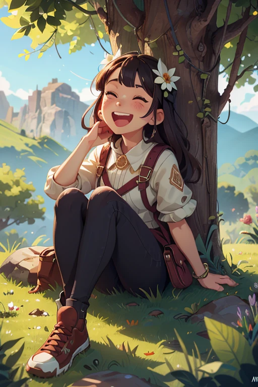 close_up of Laughing face, Sitting on the mountaintop, green, intricate, (masterpiece, Representative work, official art, Professional, unity 8k wallpaper:1.3)