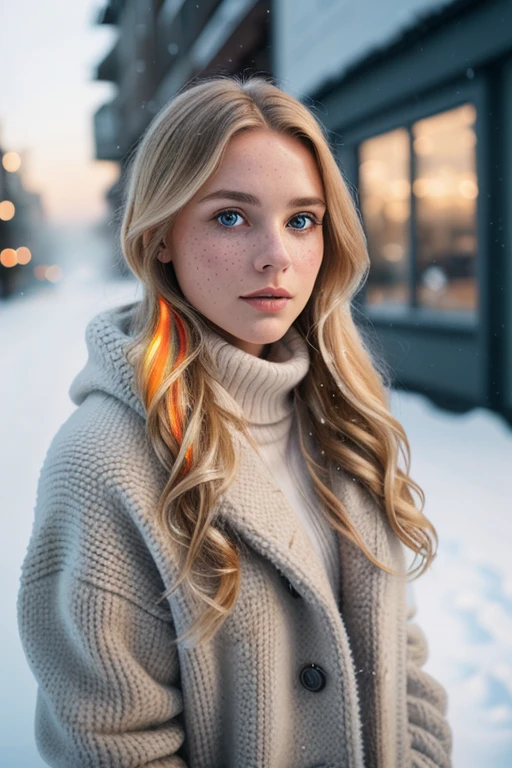 professional portrait photograph of a gorgeous Norwegian girl in winter clothing with long wavy blonde hair, sultry flirty look, (freckles), gorgeous symmetrical face, cute natural makeup, wearing elegant warm winter fashion clothing, ((standing outside in snowy city street)), stunning modern environment, ultra realistic, concept art, elegant, highly detailed, intricate, sharp focus, depth of field, f/1. 8, 85mm, medium shot, mid shot, (((professionally color graded))), bright soft diffused light, (volumetric fog), trending on instagram, hdr 4k, 8k. Naked, without cloths, nude