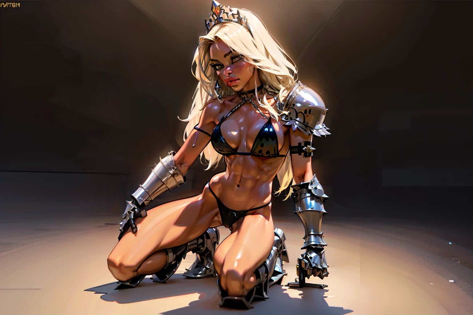 woman, long hair to floor, blondehair, ((black skin:1.4)), adorned in medieval armor, twerking, metal muscles, emanating a medieval elegance and marvel, armor pump boots, chrome bra, chrome silver tiara, small armband, (shoulder armor), gauntlets, ((small armored bikini:1.5)), sword, shield, exposed midriff, (puffy lips:1.3), detailed eyes, ((slendered abs )),((huge breastull bodied), wide hips, (puffy lips:1.5), slender abs,rim lighting, side light, cinematic light, ultra high definition, 8k, film grain,best shadow, light particles, detailed skin texture, detailed gem armor texture, detailed face, intricate details, super detailed, bright, spiked heel boots