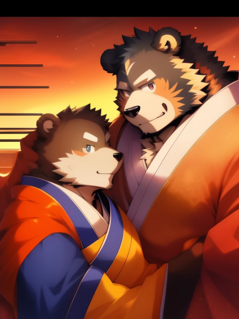 jinpei and kosutora, furry, anthro, 2boy bear and tiger, gag comics, 2boy, in the office, a anime of a boys manga, country of muslims, color manga, manga color, color manga, color manga panel, background, Comic storyboard:1.8, Comic strip, comic layouts, loving manga storyboard, story of loving couples, anime emoji themed pack, hyperHD, Japanese anime manga style, red background dark sky, 24K UHD.