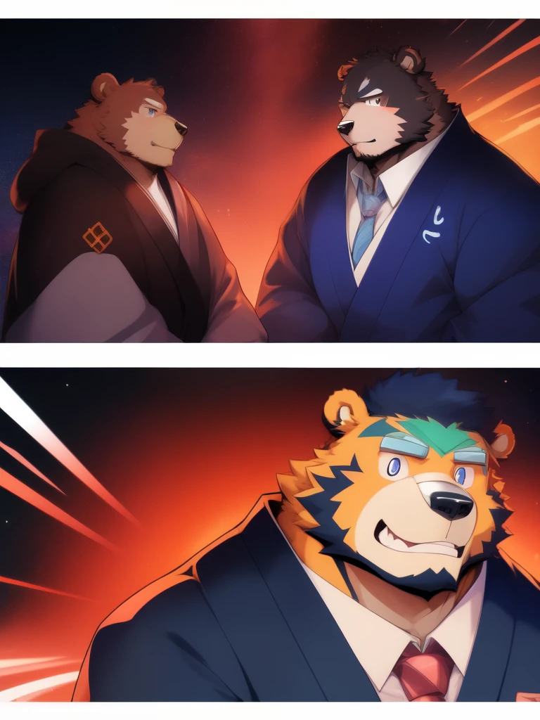 4 panels comic, jinpei and kosutora, furry, anthro, 2boy bear and tiger, gag comics, 2boy, in the office, a anime of a boys manga, country of muslims, color manga, manga color, color manga, color manga panel, background, Comic storyboard:1.8, Comic strip, comic layouts, loving manga storyboard, story of loving couples, anime emoji themed pack, hyperHD, Japanese anime manga style, red background dark sky, 24K UHD.