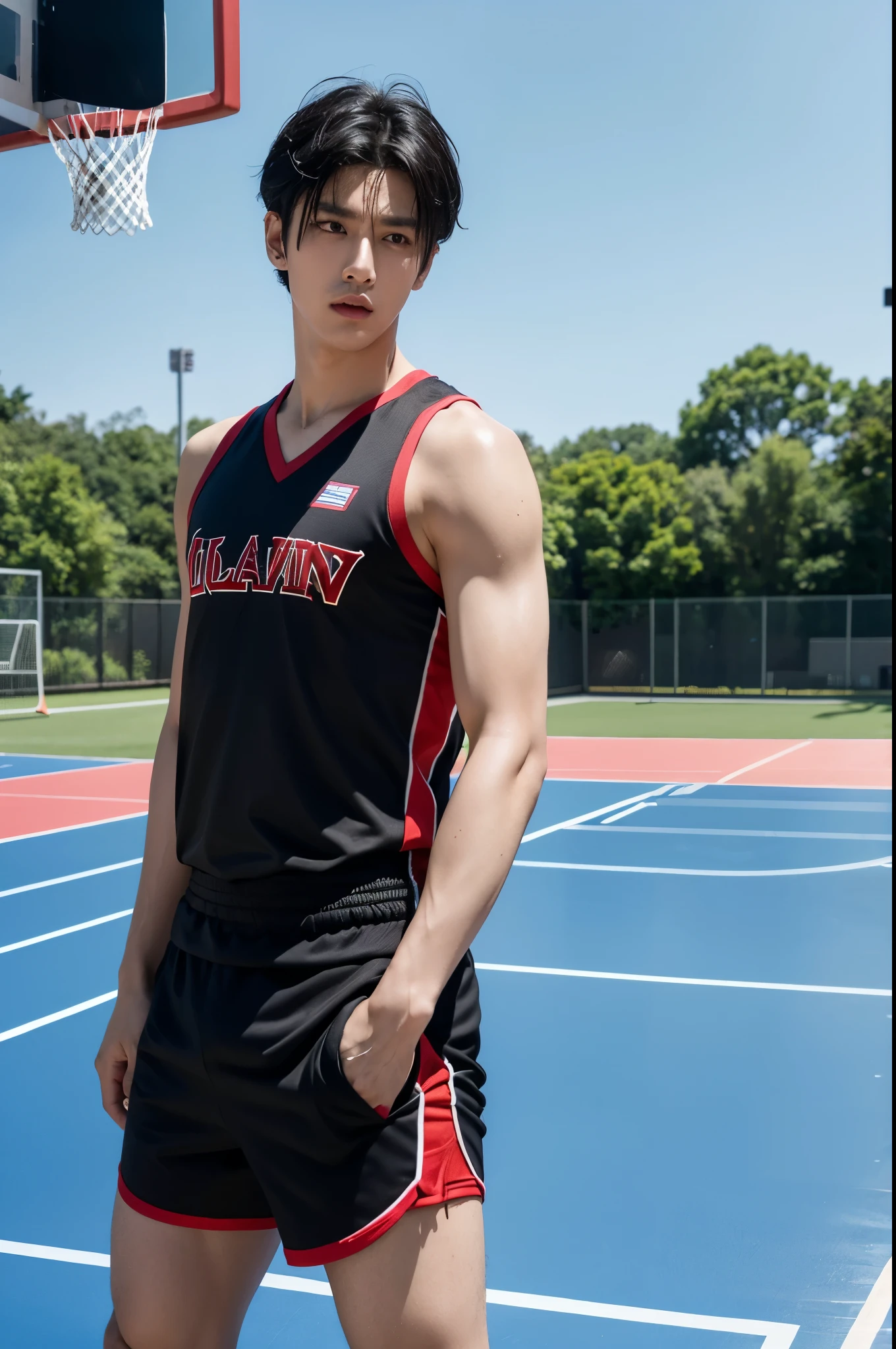 （The best品质，tmasterpiece ：1.2）The best, tmasterpiece,Sunny handsome boy，Short black hair details，wearing basketball outfit，Wipe away sweat with a towel，The background is a basketball court，Beautiful weather，