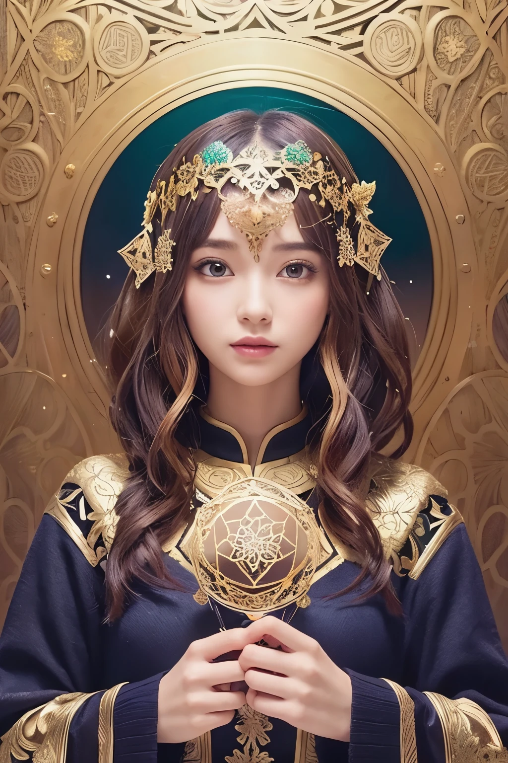 PerfectNwsjMajic,(masutepiece, of the highest quality, Best Quality, Official art, Beautiful and aesthetic:1.2), (1girl in), ighly detailed,Colorful,highest details, Official art, Unity 8k壁纸, ultra-detailliert, Beautiful and aesthetic, Beautiful, masutepiece, Best Quality, (ゼンTangle, mandalas, Tangle, エンTangle) ,Holy Light,gold foil,gold foilアート,glitter drawing,