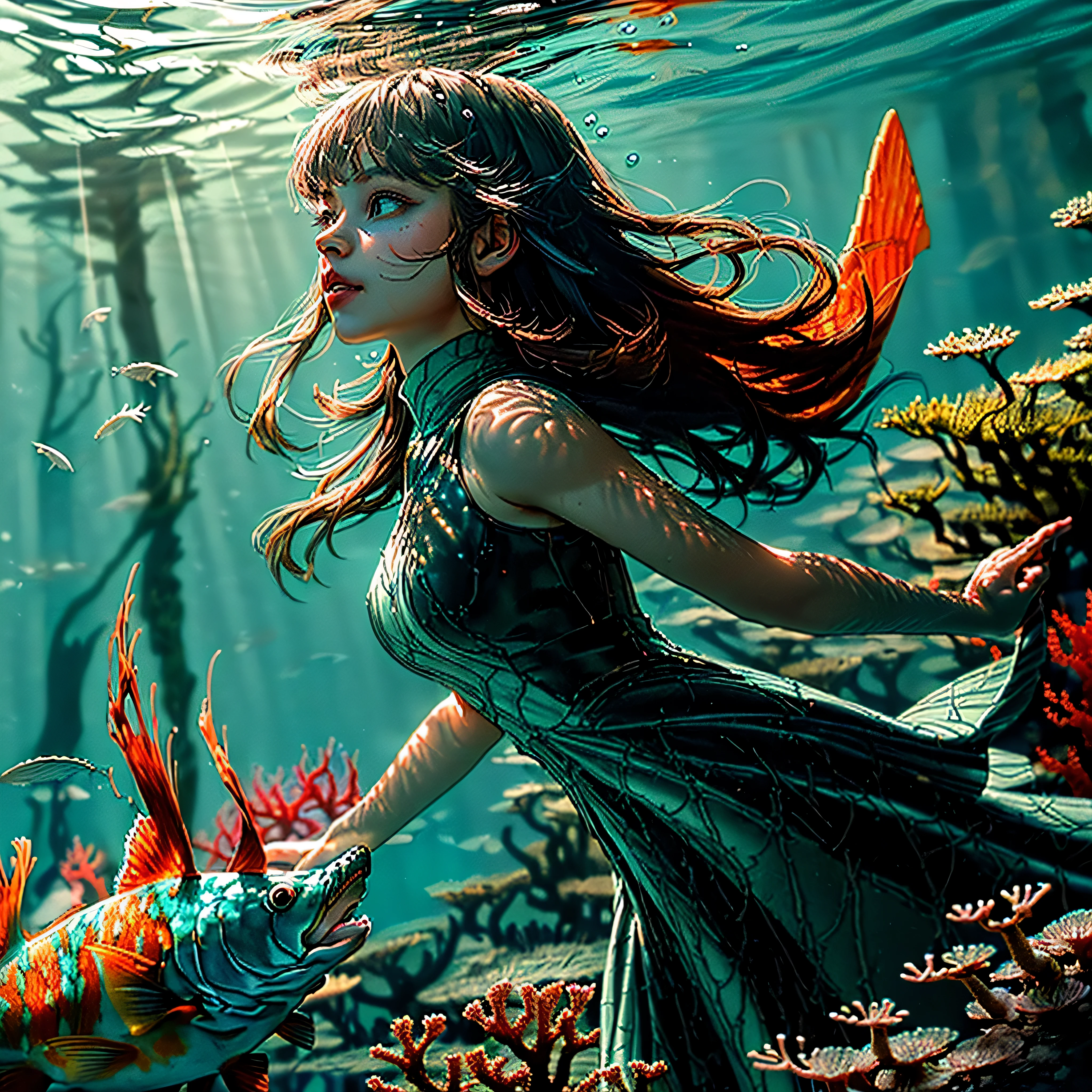 (((masterpiece))),(((best quality))),((ultra-detailed)),((underwater)),(illustration),(beautiful detailed water),((coral)),open tuck,((extremely delicate and beautiful girls)),dynamic angle,floating,(beautiful detailed eyes),(detailed light),(loli),floating hair,glowing eyes,(splash),underwater),((fishelack hair,green right eye,iceblue left eye,very long white dress,feather,nature,(sunlight),(underwater forest),(painting),(bloom),(detailed glow),(drenched),seaweed,fish,(((Tyndall effect))),face to face --s 1000 --c 20 --q 20