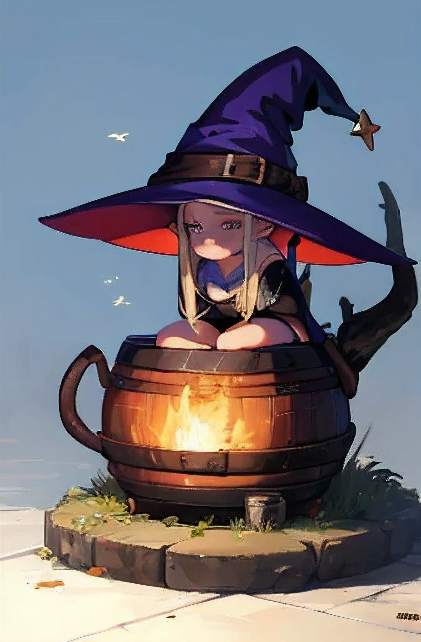 hot witch sitting next to a cauldron next to a sad elf