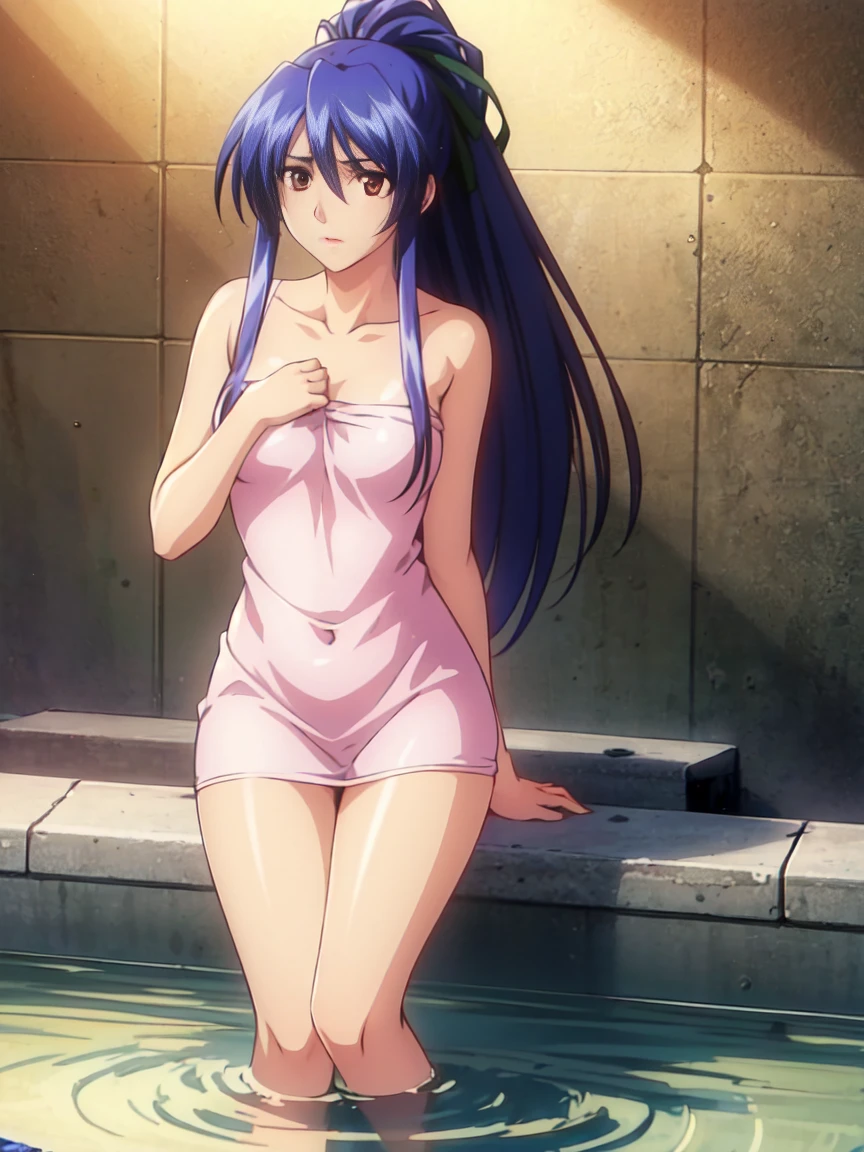 (Best Quality,hight resolution,masutepiece:1.2),Ultra-detailed,(Realistic,Photorealsiticです,Photorealsitic:1.37),Game CG,1girl in, girl, Blue hair, Straight hair、(Straight hair:1.1), (small tits:1.3), (Wearing a bath towel), Eyes and faces with detailed, Surprised face、I'm blushing, Bewitching look, Soft lighting, Full-body angle, Face washroom、large amount of water droplets、Thighs