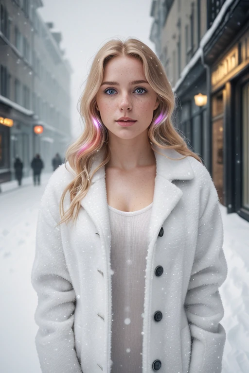 professional portrait photograph of a gorgeous Norwegian girl in winter without clothing with long wavy blonde hair, sultry flirty look, (freckles), gorgeous symmetrical face, cute natural makeup, ((standing outside in snowy city street)), stunning modern environment, ultra realistic, concept art, elegant, highly detailed, intricate, sharp focus, depth of field, f/1. 8, 85mm, medium shot, mid shot, (((professionally color graded))), bright soft diffused light, (volumetric fog), trending on instagram, hdr 4k, 8k. Naked, without cloths, nude