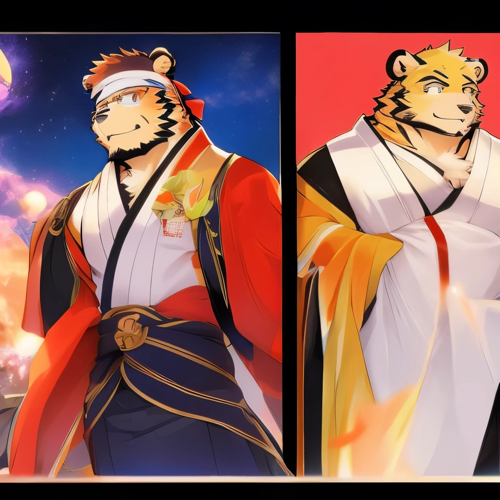 generate a 4koma comic about jinpei and kosutora, furry anthro bear and tiger, gag comics, 2boy, a anime of a boys manga, country of muslims, color manga, manga color, color manga, color manga panel, background, Comic storyboard:1.8, Comic strip, comic layouts, loving manga storyboard, story of loving couples, anime emoji themed pack, hyperHD, Japanese anime manga style, red background dark sky, 24K UHD.
