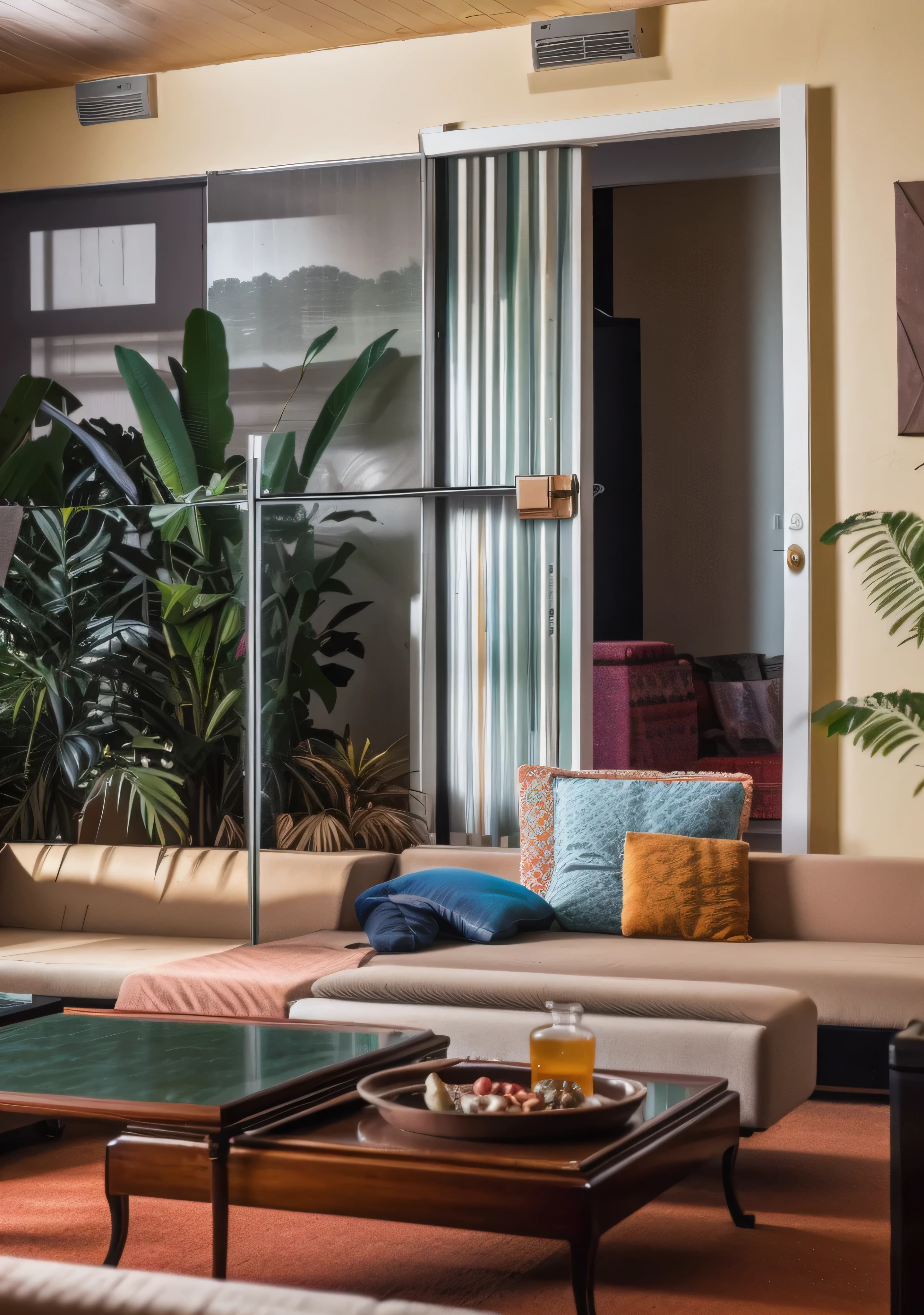 RAW photo, Masterpiece, high quality, best quality, authentic, super detailed, glossy indochina black furniture), minimalist architecture, minimalist bedroom, couch, table, carpet, shelf tv, 1 solid wood door:1.4,((laminated plaster,))), day light)), natural light fromt glass door, archdaily architecture, (high detail: 1.2), 8k uhd, dslr, soft light, high quality, film grain, Fujifilm XT3