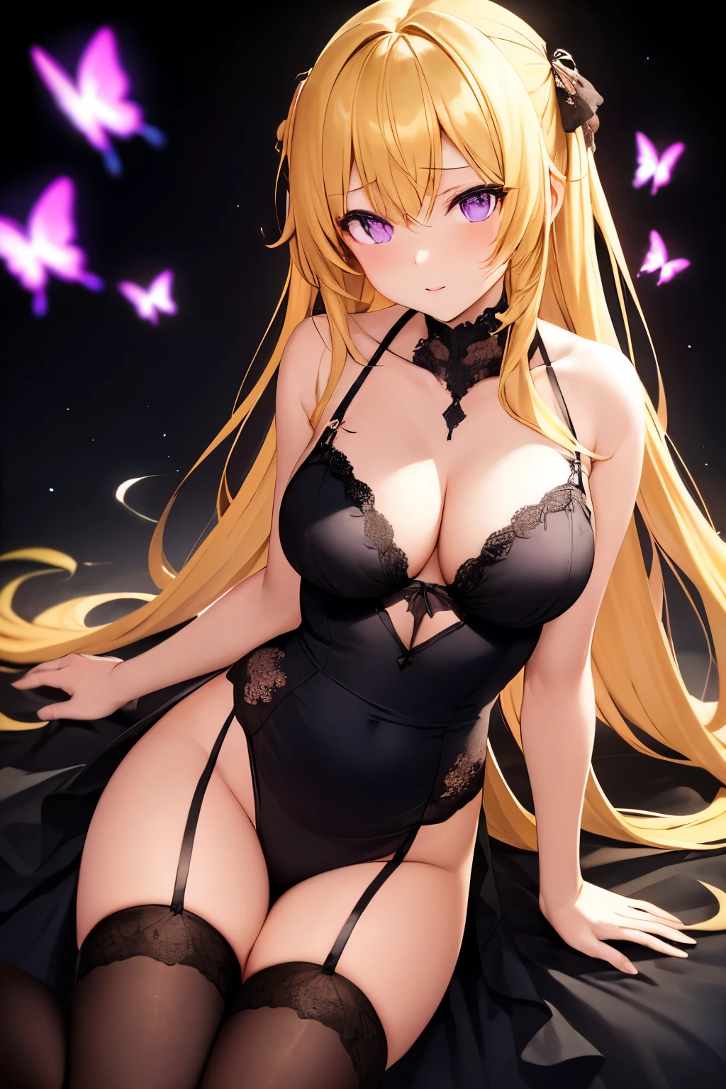yellow hair, girl, beautiful girl, cute, sexy, dress lingerie, hot, black stocking, eyes, purple eyes, glowing butterflies around, 4K, ((masterpiece)), ((best quality)), plain black background