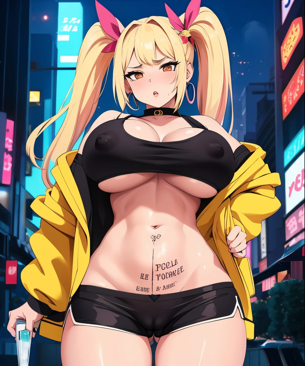 1girl, (((bimbo))),hoop earrings, big puffy lips, painted lips, thick lips.
Blonde hair, short twintails, grumpy, wide hips, thick thighs, perky breasts, bursting breasts, Nightlife, Night city, Cyberpunk city, futuristic cityscape. Neon lights, (skyscraper:1.1), Tokyo tower, palm tree, cloth sign, ramen stall, night club. bright city lights, exotic car. alcohol, bar, ramen, soup stall ,alcohol bottles, stomach blush, overflowing breasts, rounded stomach, pubic tattoo, word underbelly tattoo, cameltoe, gym shorts, sexy dolphin shorts, low hanging shorts, slutty yellow jacket, vagina liquid running down between thighs, no panties, pussy juice in between thighs, legs slightly apart, ruler tattoo, ruler tattoo with heart on top, pants fly open, covered nipples, hearts around stomach, hearts in groin