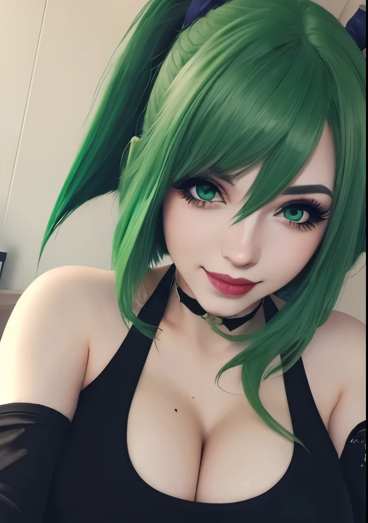 1girl,,egirlmakeup,smile,avatar \(ff14\),egirlmakeup, green hair, big breasts