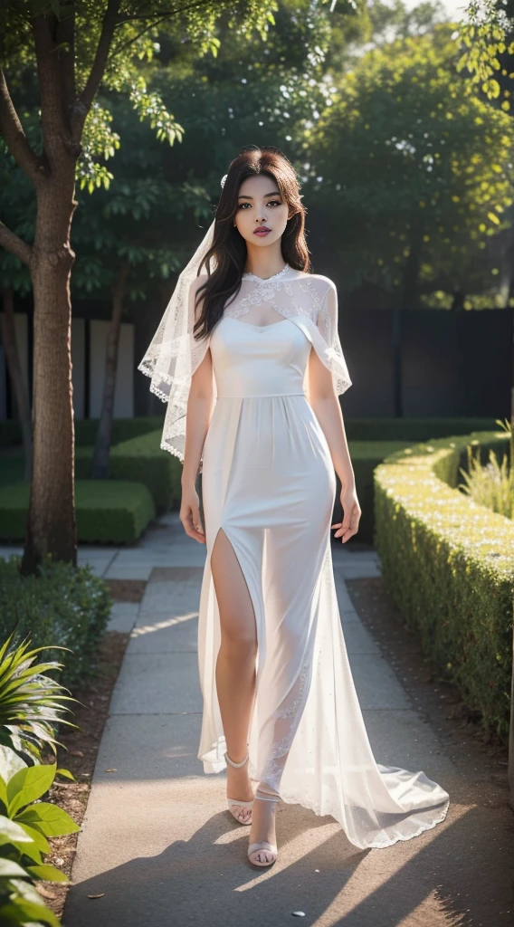Girl in the garden, (bestquality, 10, 10, highres, masterpiece:1.2), ultra-detail, (Realistic, photoRealistic, photo-Realistic:1.37), Fair-skinned, 19 year old female, natural black hair, unique red eyes, Wear a lace dress, Sleek and elegant appearance, Beautiful feet, Full length shot, Sheer Clothing, Chinese Woman, crisp focus, องค์ประกอบที่Realistic, white lace wedding dress, nude,serene (elegantly exquisite:1.4), bridal veil, Light