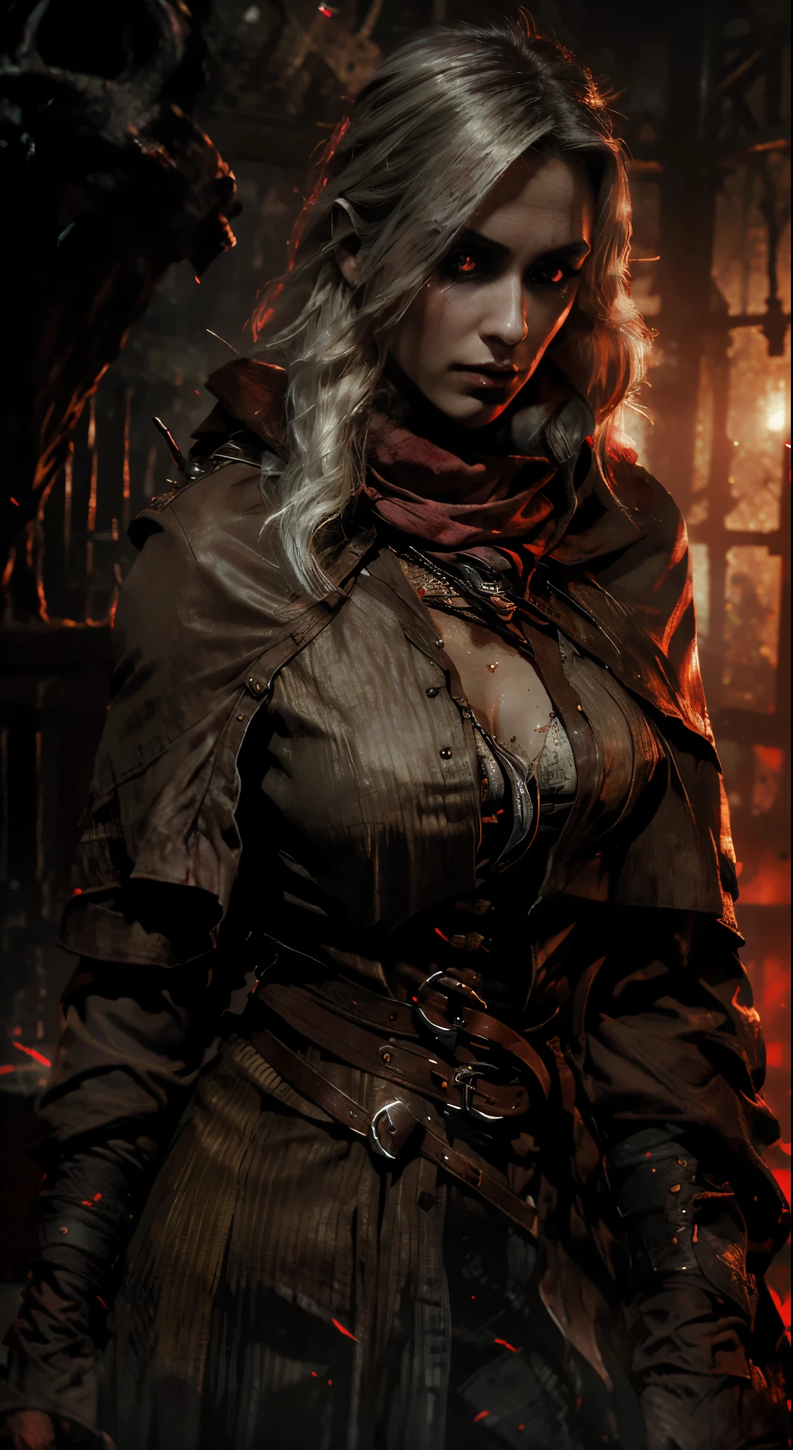 The Witcher Ciri, Witcher outfit, perfect breast,red eyes,darktoon,dark atmosphere, highly detailed skin texture, extreme details,