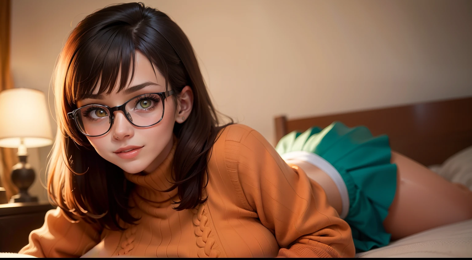 HD, 8k quality, masterpiece, Velma, (1girl, solo girl) dream girl, huge breasts, beautiful face, kissing lips, short bob straight hairstyle, long bangs, perfect makeup, realistic face, detailed eyes, jade green eyes, brunette hair, eyelashes, bedroom, laying on bed, eyes at viewer, ((orange sweater)), turtleneck sweater, clear lens glasses, ((red skirt)), schoolgirl skirt NSFW, lip biting, grin, white panties, full body,