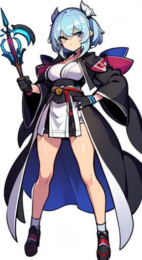 (((Best Quality))) , ((full body)), female, reference sheet, solo, (white background), holding staff, gloves,  hakama skirt,