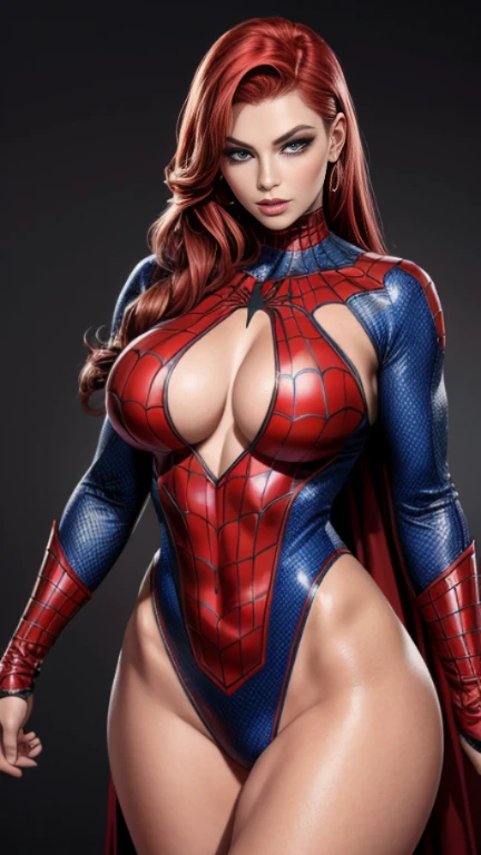 Linda mulher ruiva detalhou o corpo definido, usando o traje do homem aranha, Seios enormes, pose de modelo do homem aranha
