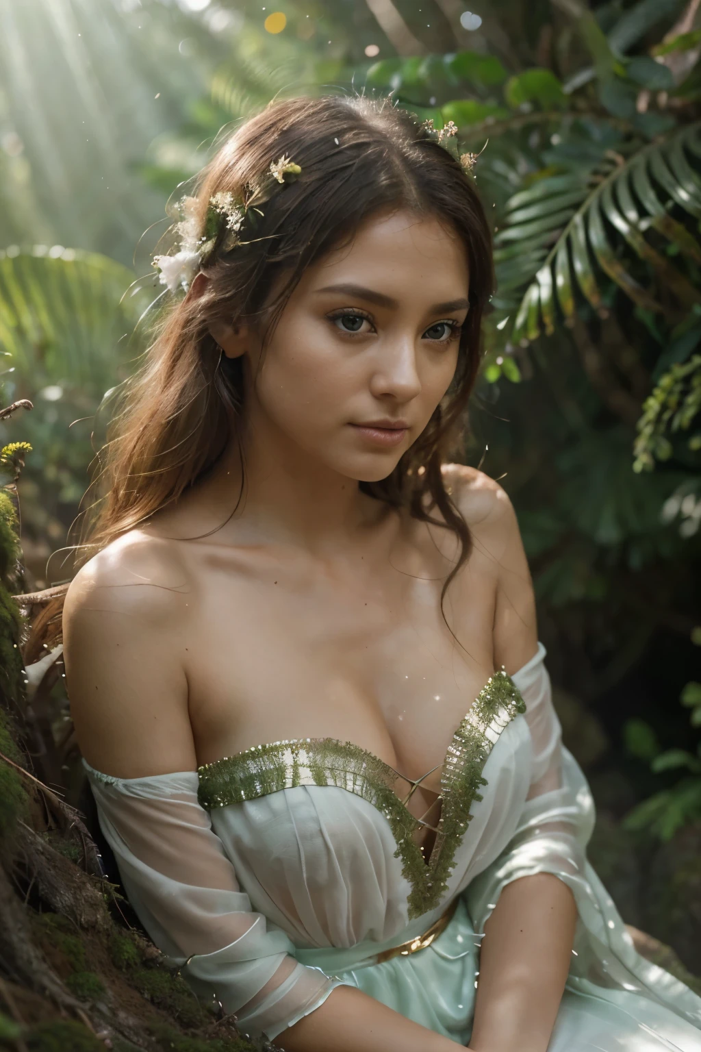 Candid photo , extreme close up shot of a beautiful Lonely Woman, 30, goddess like beauty, angel like demure, ethereal atmosphere, melancholic, with enchanting hazel eyes, surrounded by the dense foliage of exotic trees on a deserted island. Clad in ethereal shimmering gown, she ((sits pensively on a moss-covered rock, gazing into the distance.))( ((exotic birds magically surround her with pixie dust trailing their path)) )Taken with a dreamlike composition, ((sun rays illuminating her angelic face)), utilizing shallow focus to create a blurry backdrop of the endless ocean. Featuring a contemplative pose, shot with a versatile 35mm lens. Highly detailed skin texture accentuated by the golden sunrays filtering through the lush canopy, casting a magical ambiance. (top-quality, 8k, UHD, DSLR, RAW: 1.3)Glamour photo, extreme Close-Up of a Solitary Woman, 28, wistful, with captivating blue eyes, amidst exotic flowers and butterflies on a deserted island. Dressed in a flowing white gown, she stands in a shaft of golden sunlight, creating a dreamlike atmosphere. Taken with a cinematic composition, utilizing deep focus to showcase the vibrant flora. Featuring a serene standing pose, shot with a prime 50mm lens. Highly detailed skin texture bathed in the warm, ethereal glow of the unique lighting. (top-quality, 8k, UHD, DSLR, RAW: 1.3)