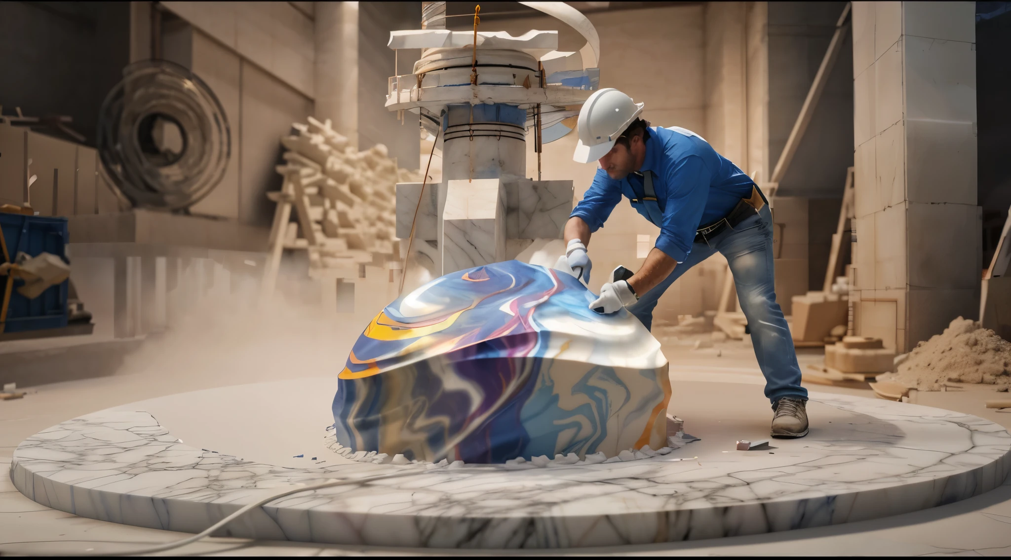 construction worker in a blue shirt and white helmet working on a large marble, realistic glass marble sculpture, 3 d sculpture 8 k octane render, 3 d sculpture octane render 8 k, ultrarealistic, marble sculptures, realistic image, 16k resolution, very detailed