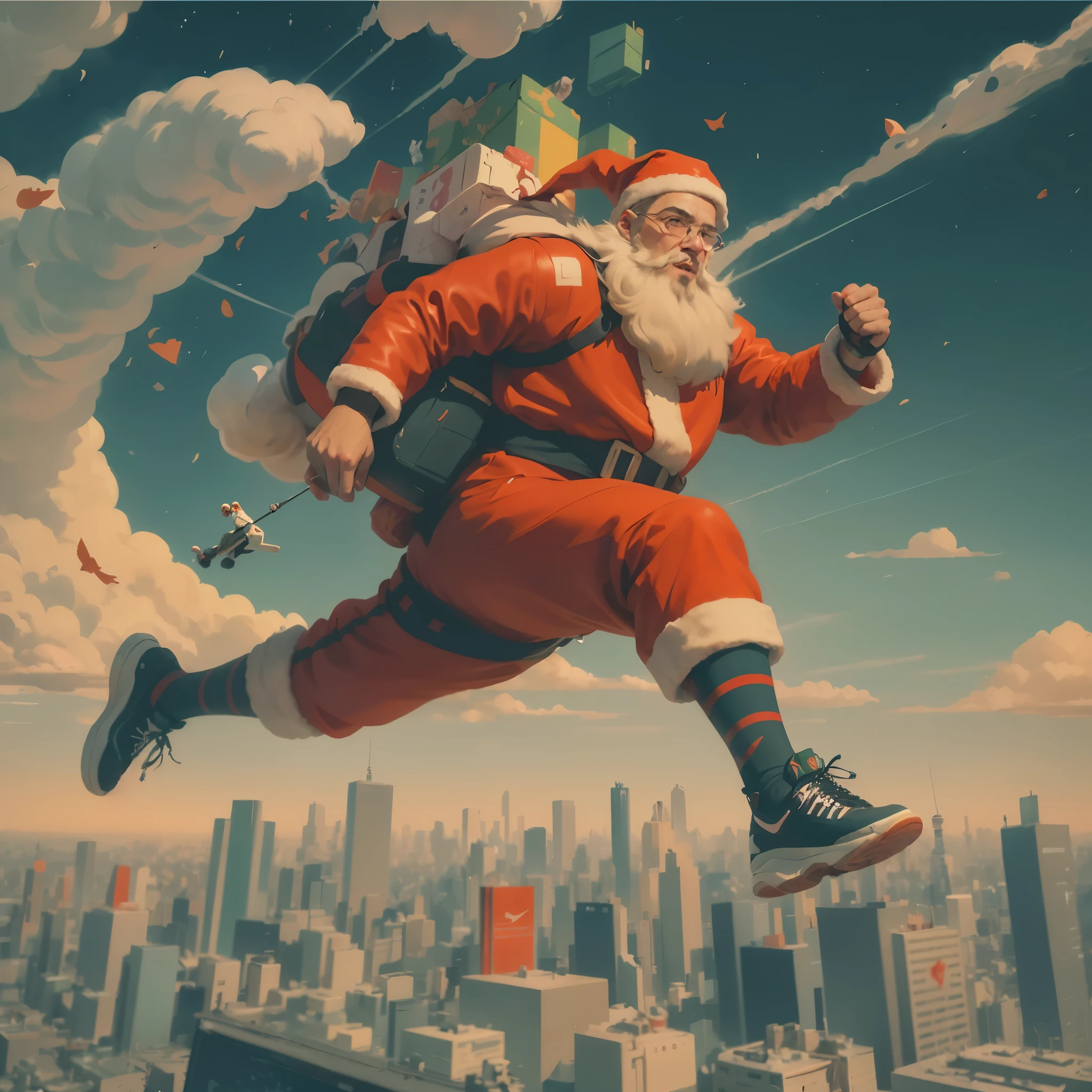 a poster of a Santa running in the air, inspired by Jeremy Chong, trending on Artstation, retrofuturism, wearing NIKE AIR JORDANS, part leyendecker style, steve jobs as hokage, cyberpunk jesus christ, james jean color palette, hoverboard, in style of laurie greasley, 4k post, profile picture