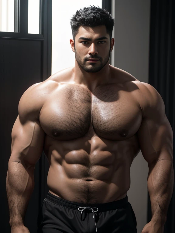 8K，(8K分辨率)，Muscular blacks, cool guy，Sexy, bright and charming eyes，Melancholy Look，Dark skin, Smooth and shiny，Plump pectoral muscles，Raised big breastarechested，Naked，Thick chest and body hair， Big white bag，Big bag raised and visible，best qualtiy，profesional lighting，professional photoshooting，Real photos，realistic model，photorealistic  art