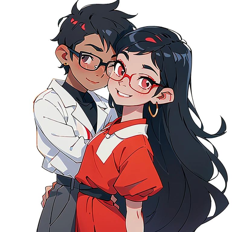 Brazilian, half Asian, half Brazilian, white skin, defined body, long straight black hair, with bangs on the forehead, round glasses, wearing a red dress, with half Asian eyes, smiling, kissing her boyfriend
1boy smiling, curly hair, short hair, glasses, white skin, looking in the mirror, black and white colors, boy
nose and mouth of a black person,
small golden piercings in the ears, with side-shaved hair,
half Brazilian and half black, 18 years old, looking younger.