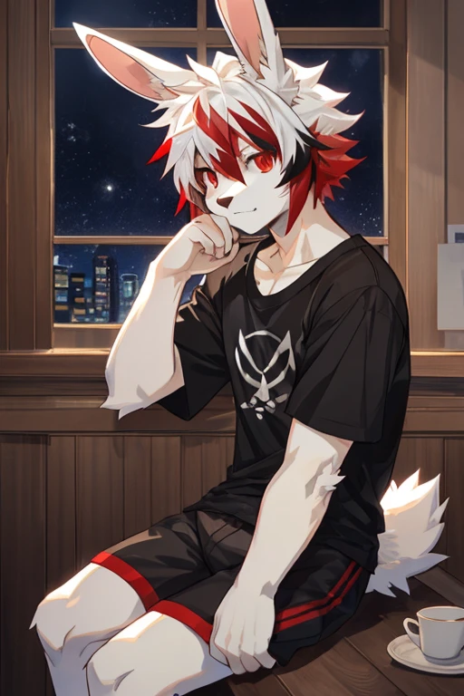 edgBunny,black T-shirt,indoor,night,sit,shorts, male, anthro, furry,by milkytiger1145,White fur,white color hair,A pinch of red highlights,red eyes,adolable,Short hair details,messy hair