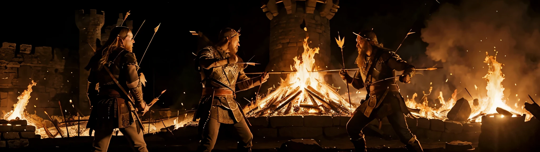 Ancient vikings storming a castle, (flaming arrows:1.2)