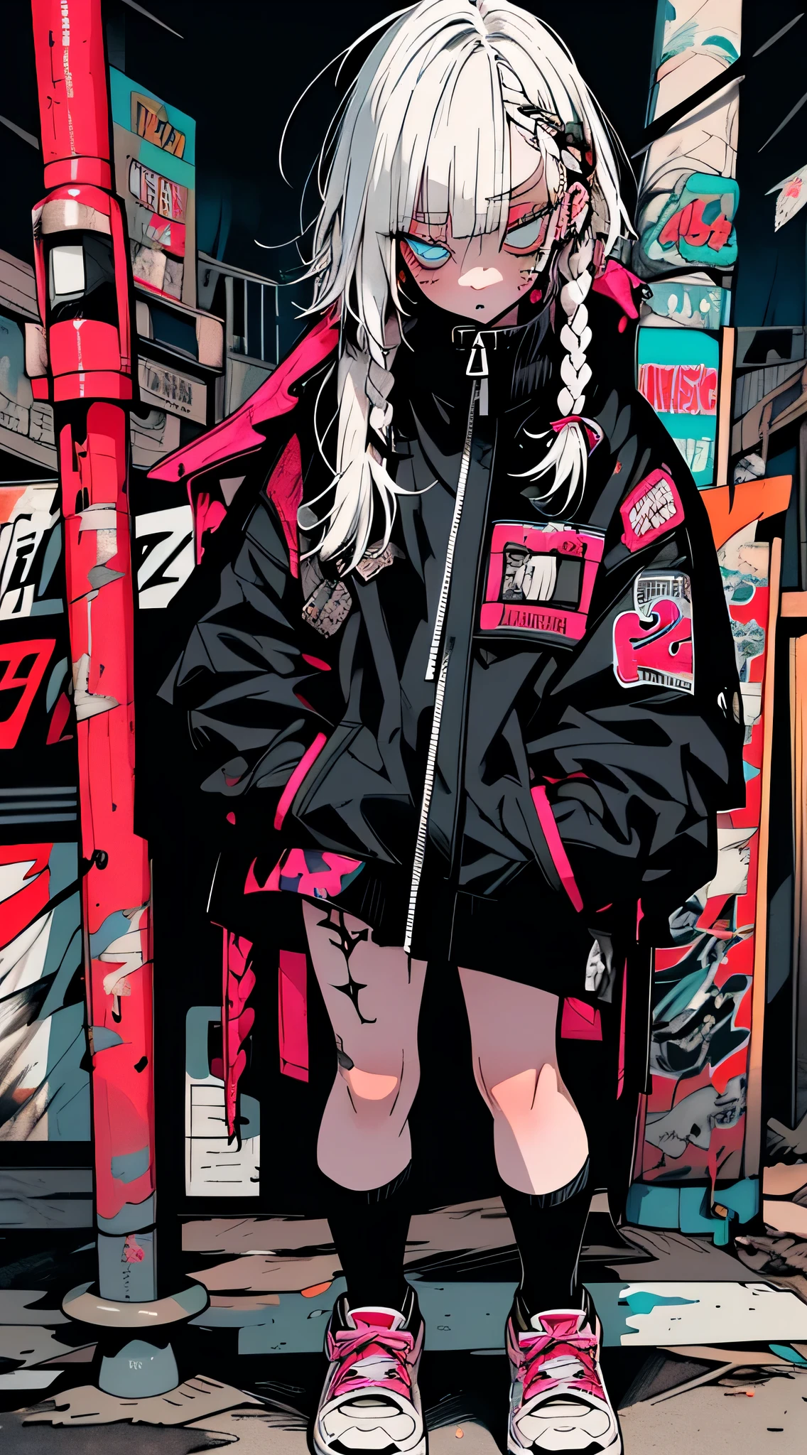 step piece, Best quality, Best Best Illustration, ultra - detailed,girl, White hair, Cool black oversized jacket, Tattoos are, messy faded hairstyle, Side braids,Crazy, Standing with a strange feeling, Abandoned amusement park background,knee length socks,weird sneakers,Eyeshadow applied to eyes,unusual colored eyes, Fearful eyes, Vivid eyes