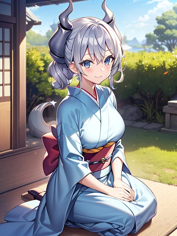 (masutepiece, Best Quality, hight resolution, nffsw, Perfect Pixel, depth of fields, 4K), 
1girl in,  Lori, Beautiful anime girl, 
Looking at Viewer, 
Perfect body,  

Silver hair, Silver Devil's Horn, 

Smile, 

Kimono,
Seiza,
Hands on knees,