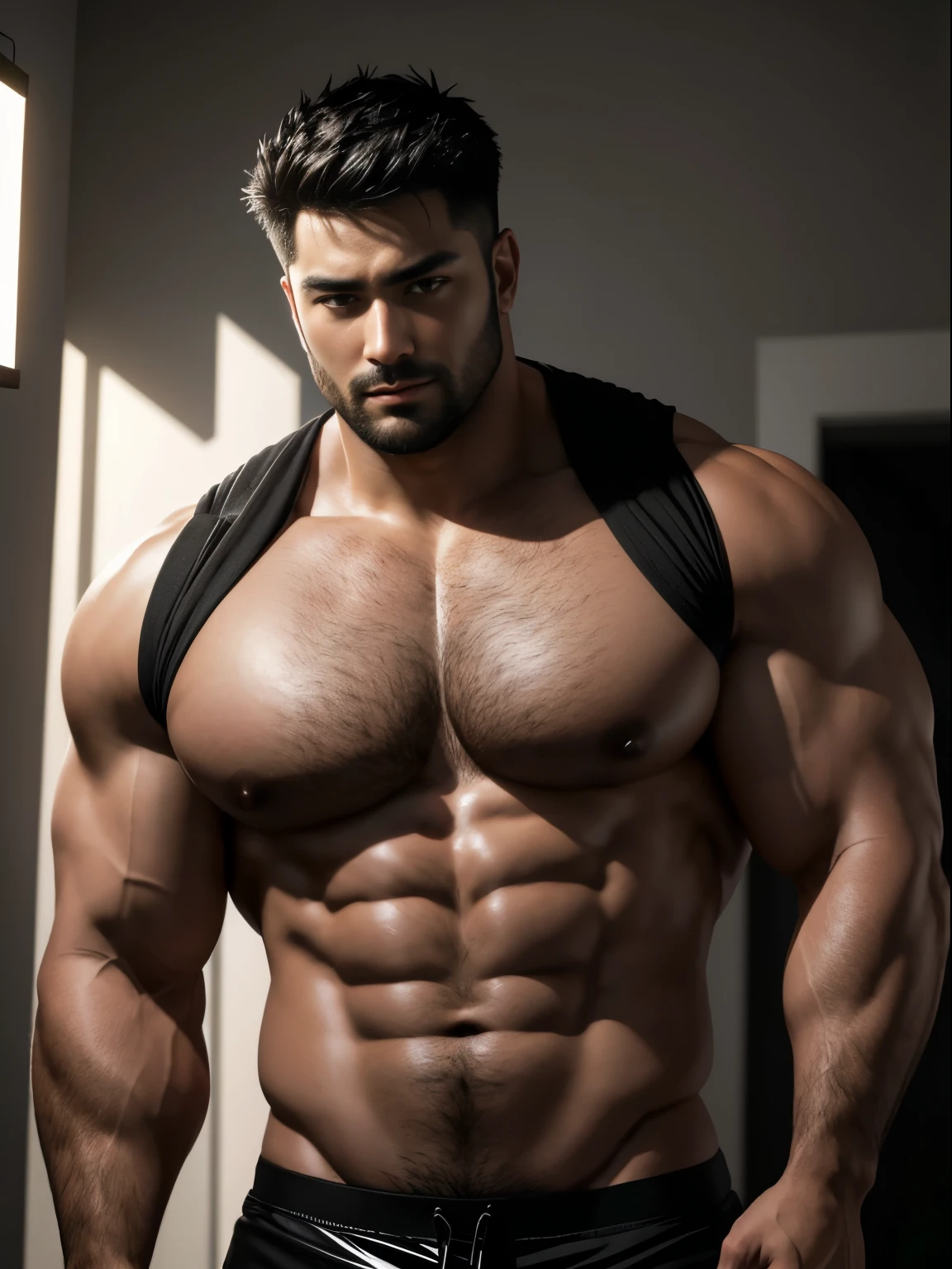 8K，(8K分辨率)，Muscular blacks, cool guy，Sexy, bright and charming eyes，Melancholy Look，Dark skin, Smooth and shiny，Plump pectoral muscles，Raised big breastarechested，Naked，Thick chest and body hair， Big white bag，Big bag raised and visible，best qualtiy，profesional lighting，professional photoshooting，Real photos，realistic model，photorealistic  art