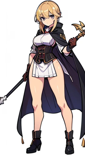 (((Best Quality))) , ((full body)), female, reference sheet, solo, (white background), holding staff, gloves, loin cloth , cloak, priest, hakama skirt, corset,