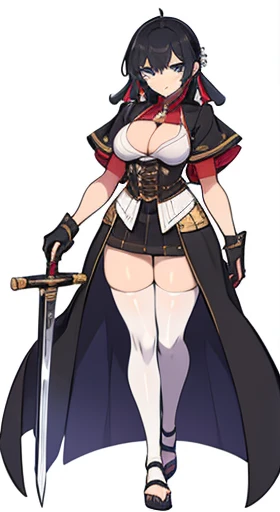 (((Best Quality))) , ((full body)), female, reference sheet, solo, (white background), holding sword, gloves, hakama skirt, corset,
