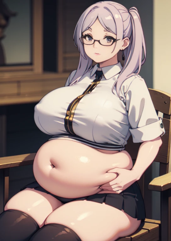 (masterpiece, best quality), 1girls, big belly, blurry background, huge belly, art by kipteitei, round belly, chubby, curvy, white button-up shirt, skirt, thighhighs, simple_background, gradient_background, belly bursting out of shirt, belly grab, enormous belly, fat belly, thicc, bigger belly, sitting on chair, really big belly, jiggly belly, shirt covering belly, belly cover by shirt, glasses