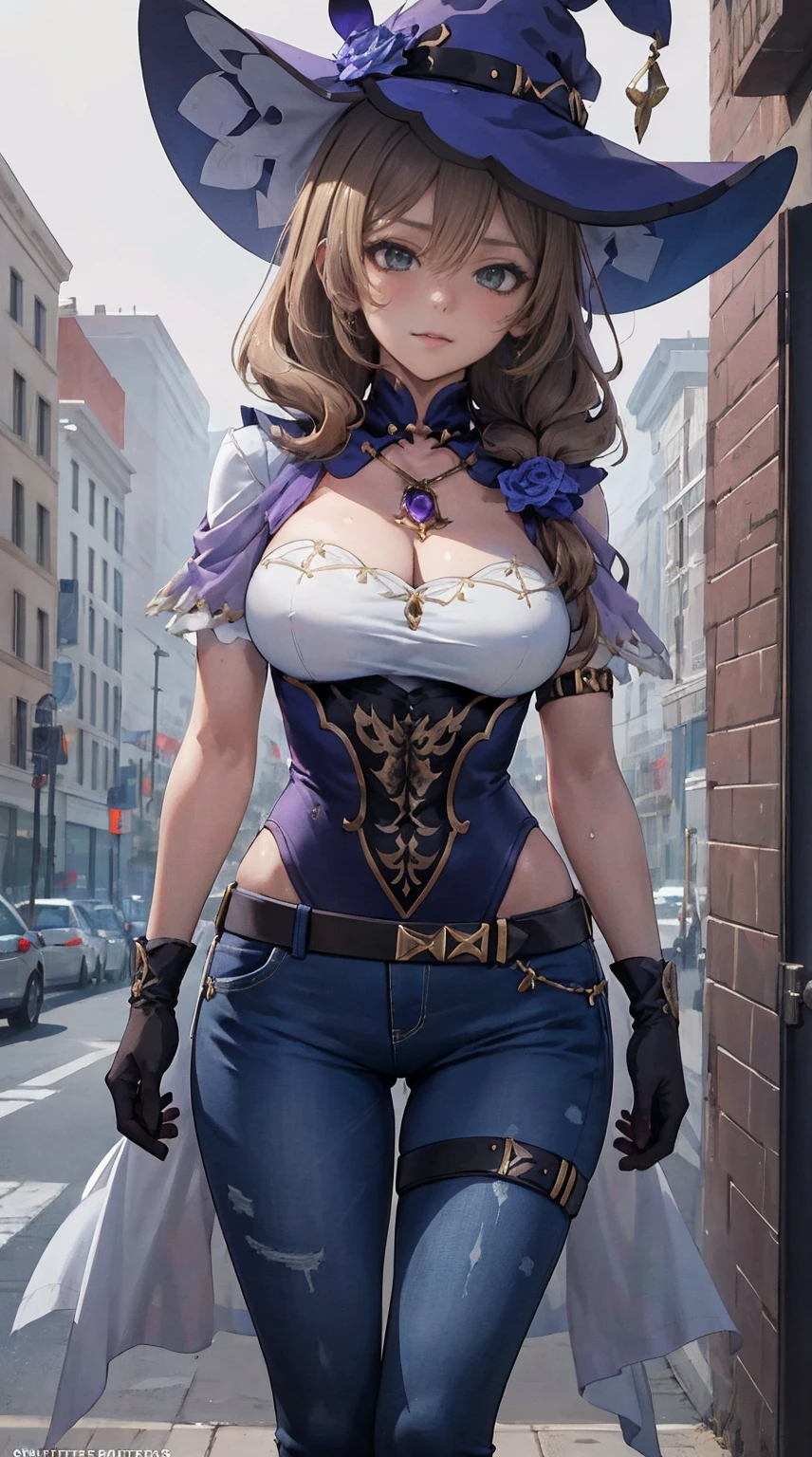 Lisa|Impacto Genshin, obra-prima, melhor qualidade, 1meninas,25 anos, shorts jeans, seios grandes, ,Somente, long jeans, Gargantilha, (grafity:1.5), Splash with purple lightning pattern., arm behind the back, contra a parede, Ver os visualizadores a partir da frente., thigh strap, head tilt, entediado, water eyes,