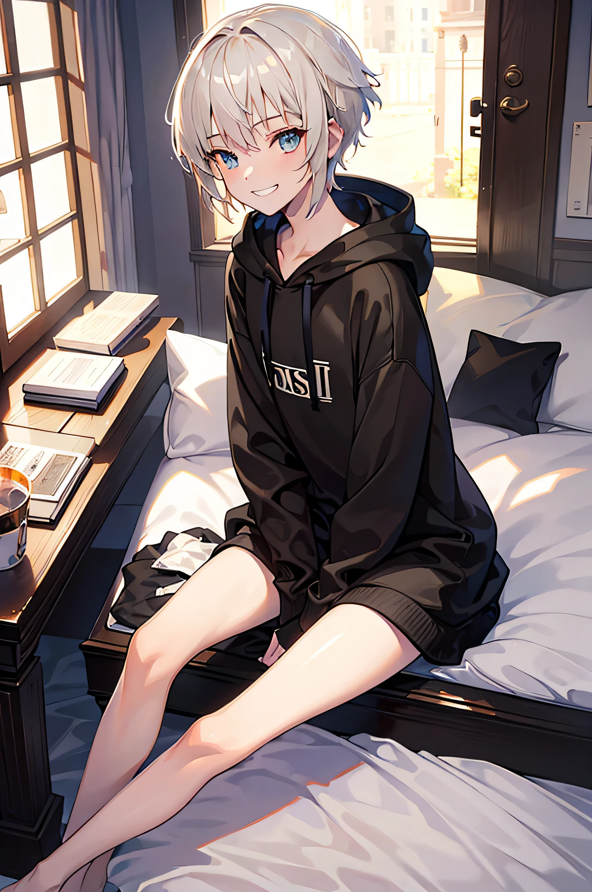1.5, best quality, high quality, High definition, High quality texture, High quality shadow, high detail, beautiful detailed, finely detailed, extremely detailed cg, detailed texture 1man, boy, male, ((petite)), feminine, grinning, extremely baggy hoodie, femboy, platinum blonde hair, short hair, boyish haircut, sitting on bed