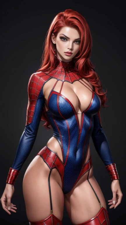 Linda mulher ruiva detalhou o corpo definido, usando o traje do homem aranha, Seios enormes, pose de modelo do homem aranha