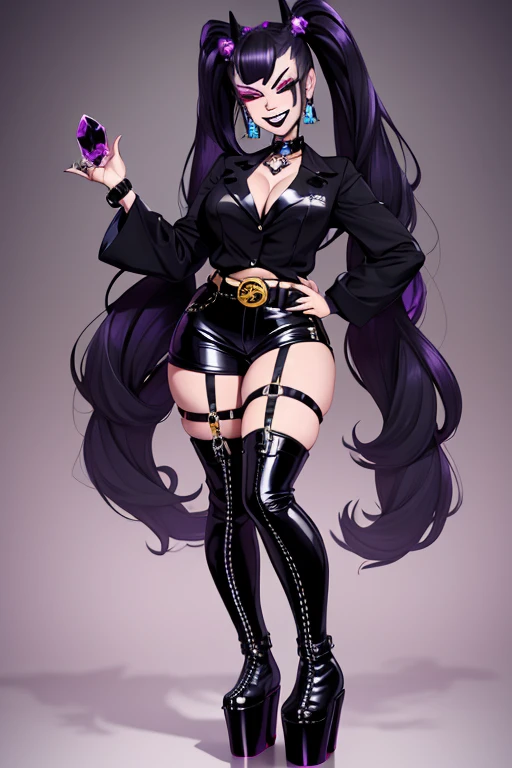 Gyaru Gemini, High Platform Boots, wide high ponytails, A big smile, Evil grin,  neck bracelets , black lips, earrings with huge gemstone, belt in hand