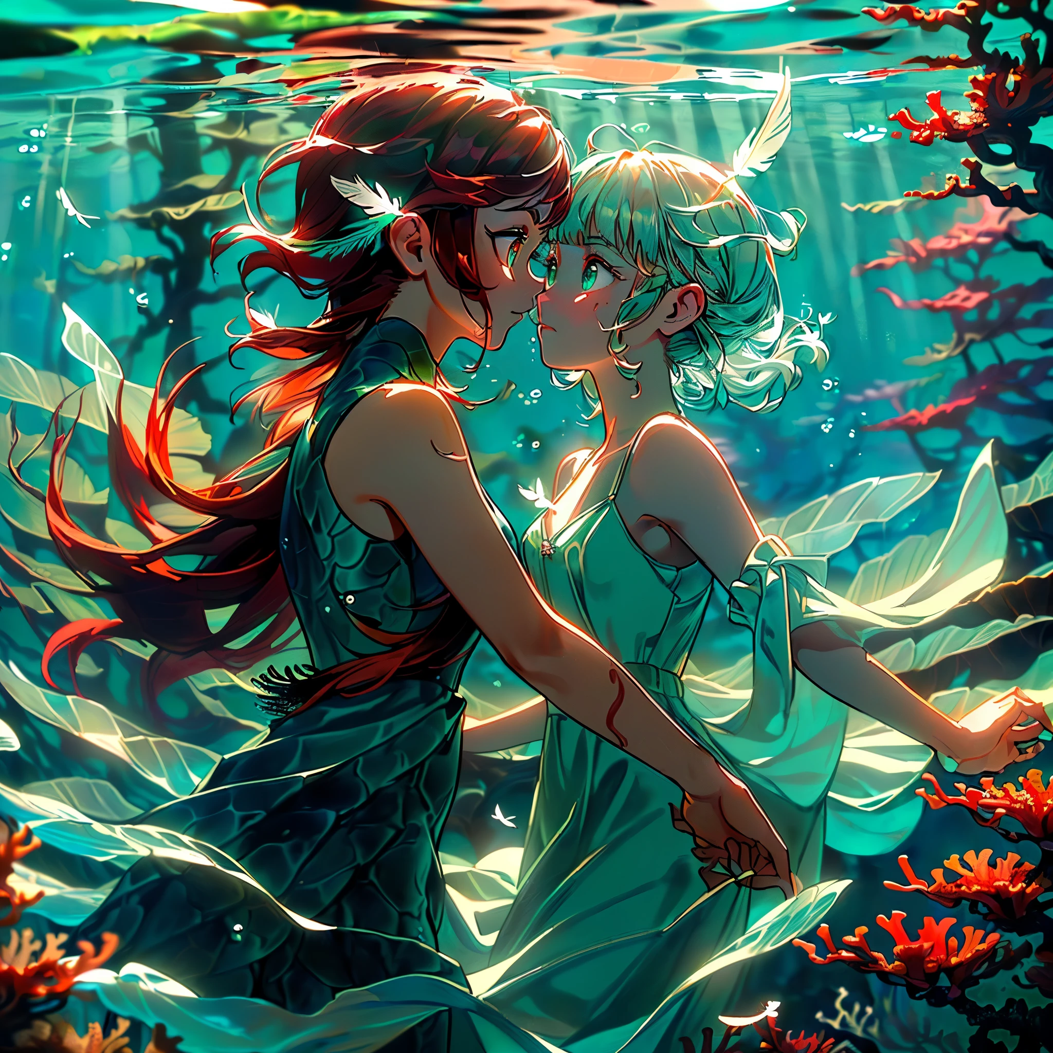 (((masterpiece))),(((best quality))),((ultra-detailed)),((underwater)),(illustration),(beautiful detailed water),((coral)),open tuck,((extremely delicate and beautiful girls)),dynamic angle,floating,(beautiful detailed eyes),(detailed light),(li),floating hair,glowing eyes,(splash),underwater),((fishelack hair,green right eye,iceblue left eye,very long white dress,feather,nature,(sunlight),(underwater forest),(painting),(bloom),(detailed glow),(drenched),seaweed,fish,(((Tyndall effect))),face to face --s 1000 --c 20 --q 20