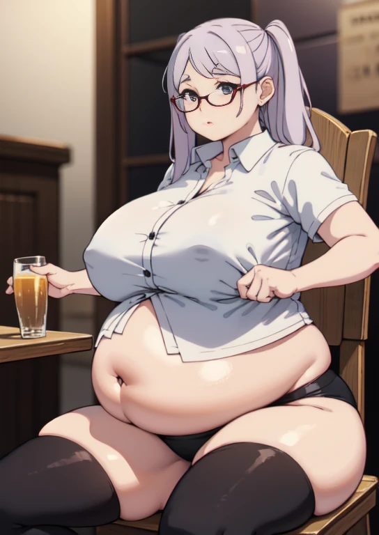 (masterpiece, best quality), 1girls, big belly, blurry background, huge belly, art by kipteitei, round belly, chubby, curvy, white button-up shirt, skirt, thighhighs, simple_background, gradient_background, belly bursting out of shirt, belly grab, enormous belly, fat belly, thicc, bigger belly, sitting on chair, really big belly, jiggly belly, shirt covering belly, belly cover by shirt, glasses