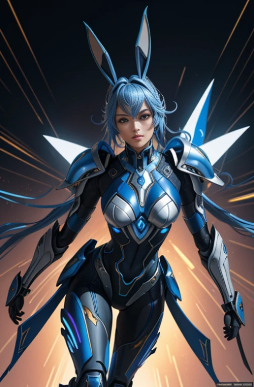 Foto de corpo inteiro, "An ultra-detailed, high-resolution masterpiece of CG unity 8k wallpaper, featuring a stunning and dynamic photo of a solo female figure in blue futuristic armor, accented by sleek metal antennae that give the appearance of bunny ears." , expondo os seios, expondo a calcinha
