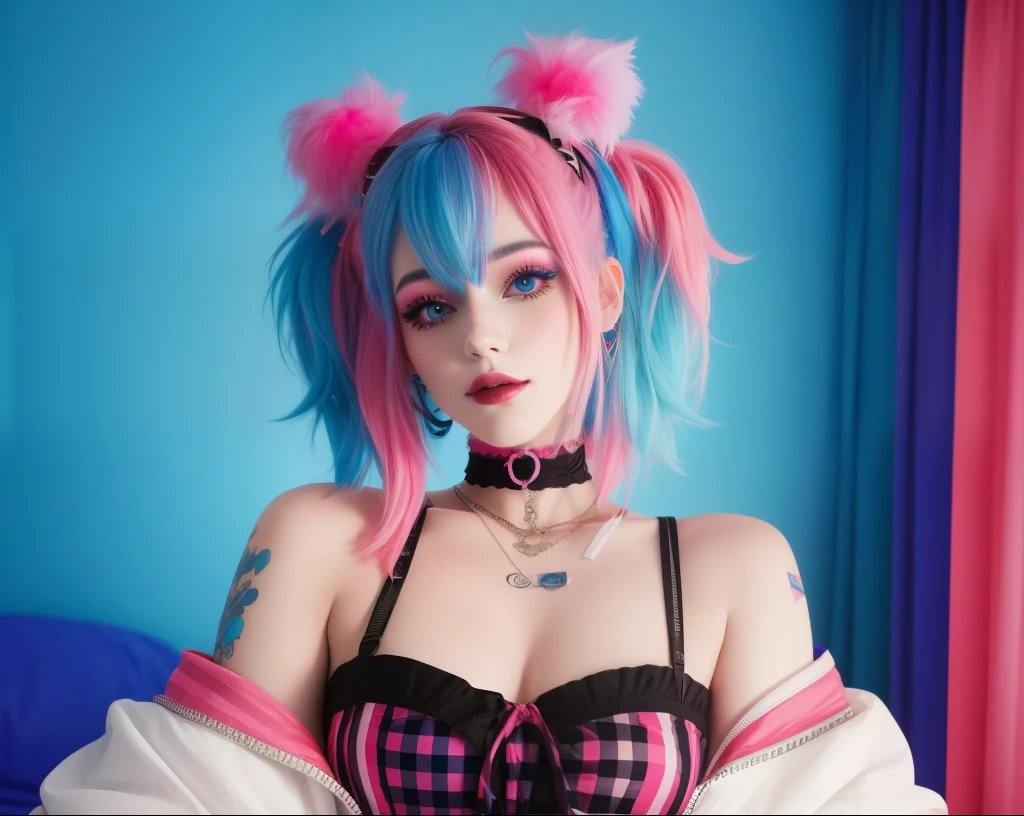 egirl as harlequin, pinkand blue hair wearing a choker bedroom in the background, synthwave color palette, trending on ArtStation, trending on CGSociety, Intricate, High Detail, Sharp focus, dramatic, full body shot, trending on tiktok