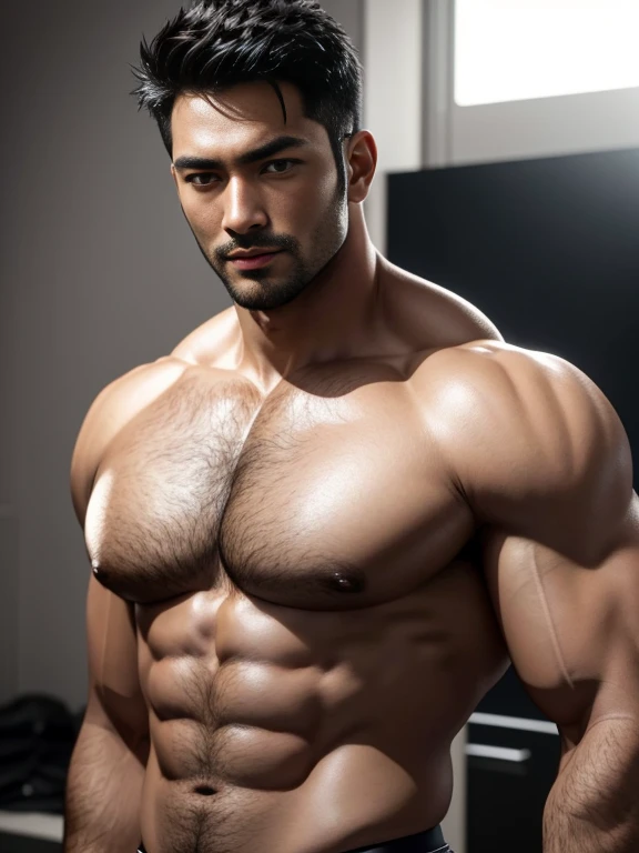 8K,(8K分辨率),Muscular blacks, cool guy,Sexy, bright and charming eyes,Melancholy Look,Dark skin, Smooth and shiny,chest muscle,Raised big breastarechested,Naked,Thick chest and body hair, white colorig bag raised and visible,best qualtiy,profesional lighting,professional photoshooting,Real photos,realistic model,photorealistic art