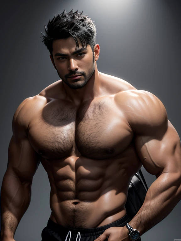 8K，(8K分辨率)，Muscular blacks, cool guy，Sexy, bright and charming eyes，Melancholy Look，Dark skin, Smooth and shiny，chest muscle，Raised big breastarechested，Naked，Thick chest and body hair， white colorig bag raised and visible，best qualtiy，profesional lighting，professional photoshooting，Real photos，realistic model，photorealistic  art