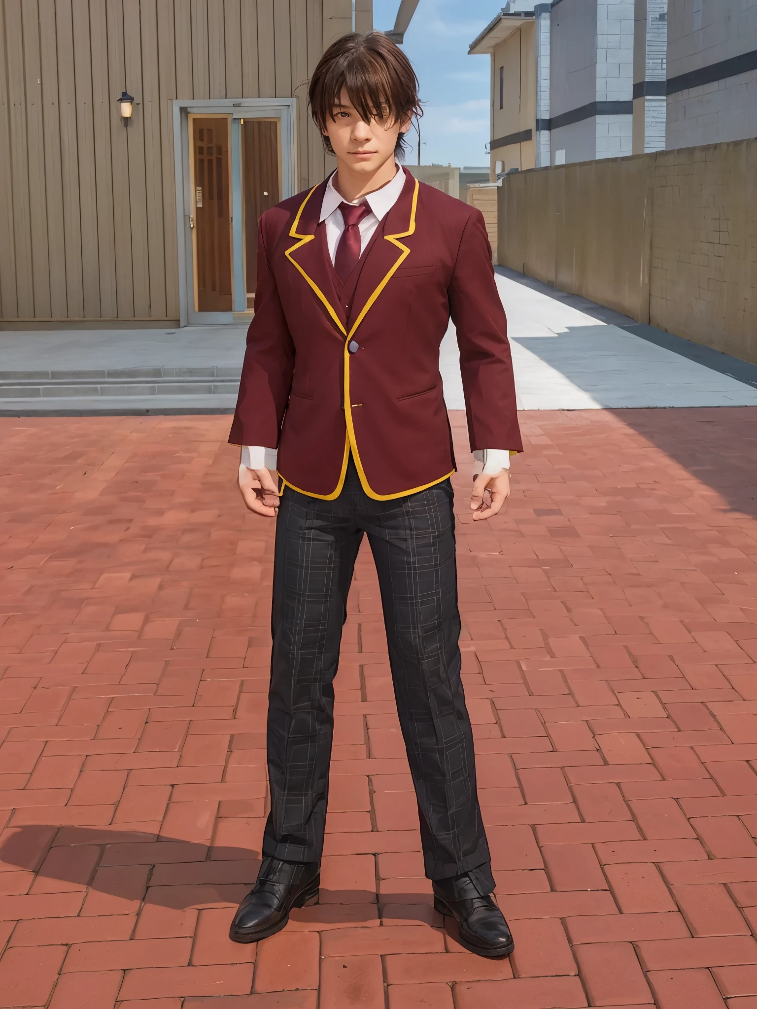 anime character dressed in a maroon suit and tie standing on a brick walkway, magical school student uniform, single character full body, jk uniform, full body single character, inspired by Hisui Sugiura, anime vtuber full body model, professor clothes, magic school uniform, highly detailed full body, inspired by Tomioka Tessai