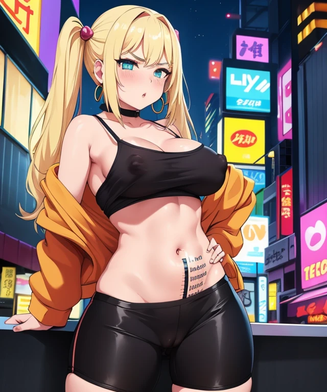 1girl, (((bimbo))),hoop earrings, big puffy lips, painted lips, thick lips.
Blonde hair, short twintails, grumpy, wide hips, thick thighs, perky breasts, bursting breasts, Nightlife, Night city, Cyberpunk city, futuristic cityscape. Neon lights, (skyscraper:1.1), Tokyo tower, palm tree, cloth sign, ramen stall, night club. bright city lights, exotic car. alcohol, bar, ramen, soup stall ,alcohol bottles, stomach blush, overflowing breasts, rounded stomach, pubic tattoo, word underbelly tattoo, cameltoe, gym shorts, sexy dolphin shorts, low hanging shorts, slutty yellow jacket, vagina liquid running down between thighs, no panties, pussy juice in between thighs, legs slightly apart, ruler tattoo, ruler tattoo with heart on top, pants fly open, covered nipples, hearts around stomach, hearts in groin, see through camisole, black camisole, from side, looking at viewer