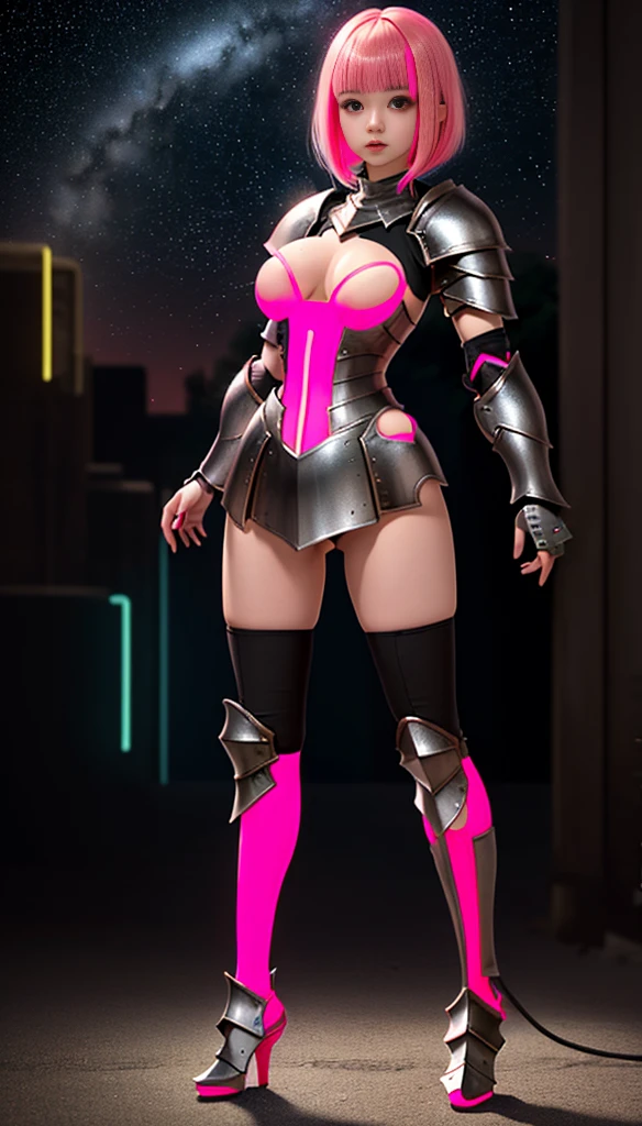 anime style, pink hair, (short bangs hair:1.36), wide hips, slim hourglass figure, narrow waist, depth of field, 1girl, (neon starry girl next door:1.3), (on a   background:1.3), (full body:1.4), pose, [:intricate, formal costume design:0.2], muscular, zettai ryouikia, big breasts, wide hips, athletic thicc perfect hourglass figure,skindentation, ((armor, thigh cutout:1.3):1.2), (dark skin:0.6)