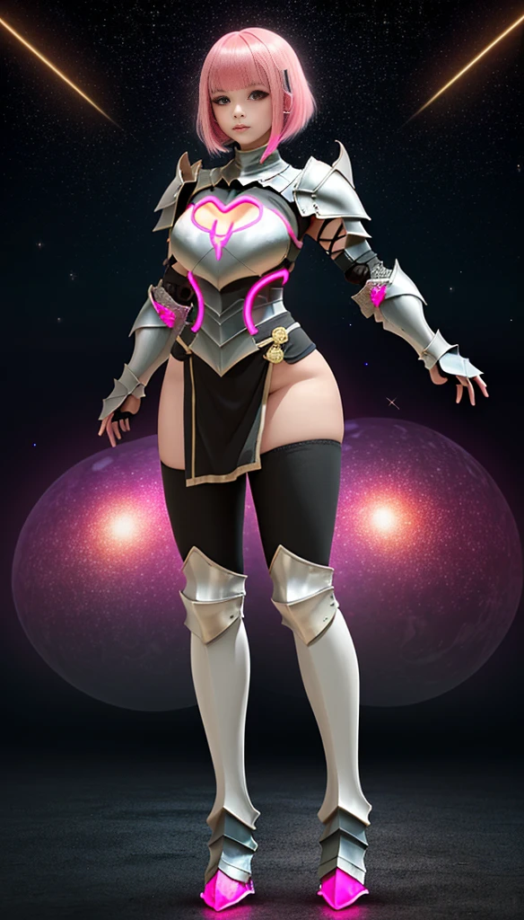 anime style, pink hair, (short bangs hair:1.36), wide hips, slim hourglass figure, narrow waist, depth of field, 1girl, (neon starry girl next door:1.3), (on a   background:1.3), (full body:1.4), pose, [:intricate, formal costume design:0.2], muscular, zettai ryouikia, big breasts, wide hips, athletic thicc perfect hourglass figure,skindentation, ((armor, thigh cutout:1.3):1.2), (dark skin:0.6)