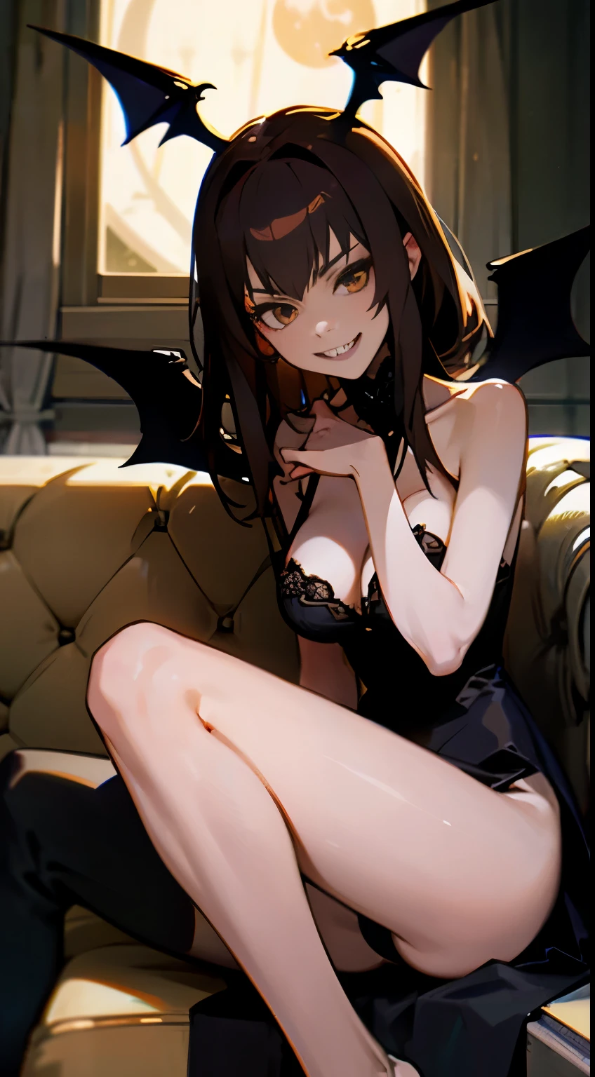 Anime style, better quality possible, dark night full moon, perfect body pale, albine evil gothic vampire woman, dark brown hair, brown eyes, she has open bat wings, wearing very transparent black gothic bra and open legs with very transparent black gothic panties, she smile and shows sharp teeth, she sits in sofa with her open legs, ambient living room of colonial castle, open windows show night time, iluminated by candles