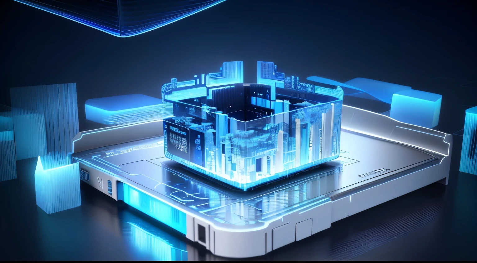 Super resolution,Stereoscopic 3D icon,Acrylic frosted glass material,A sense of future technology,Dark blue, light blue and white layering,a digital rendering,A cool scene created by the convergence of data and light particles,Depicted as a 3D rendering, Render in key shot, 4D cinema rendering, Render in Cinema4D, 3d abstract rendering overlay, 4D cinema rendering octane, 3d digital art 4k, rendered in octaneratingrendering 32k, octaneratingrendering,Close-up with blue light, optane render, computer render, on a dark background, full view, Depicted as a 3D rendering, 8k rendering", interesting background, Digital Enhancement, nvidia omniverse, hq render, in realistic data center, Hypercube, promotional images, author:Werner Guzette, blueshift render
